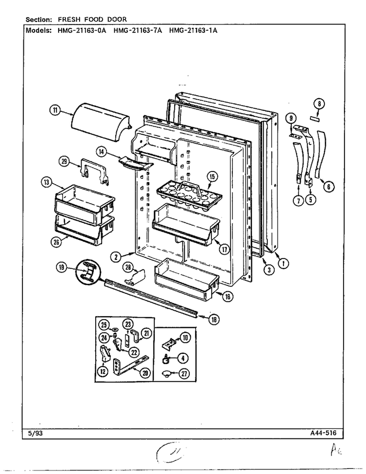 Fresh Food Door Diagram and Parts List for 21163-0A  Admiral Refrigerator