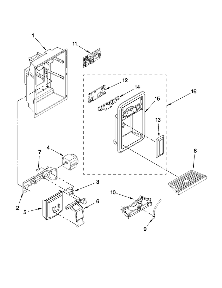 Dispenser Front Parts Diagram and Parts List for MSD2574VEQ11  Maytag Refrigerator