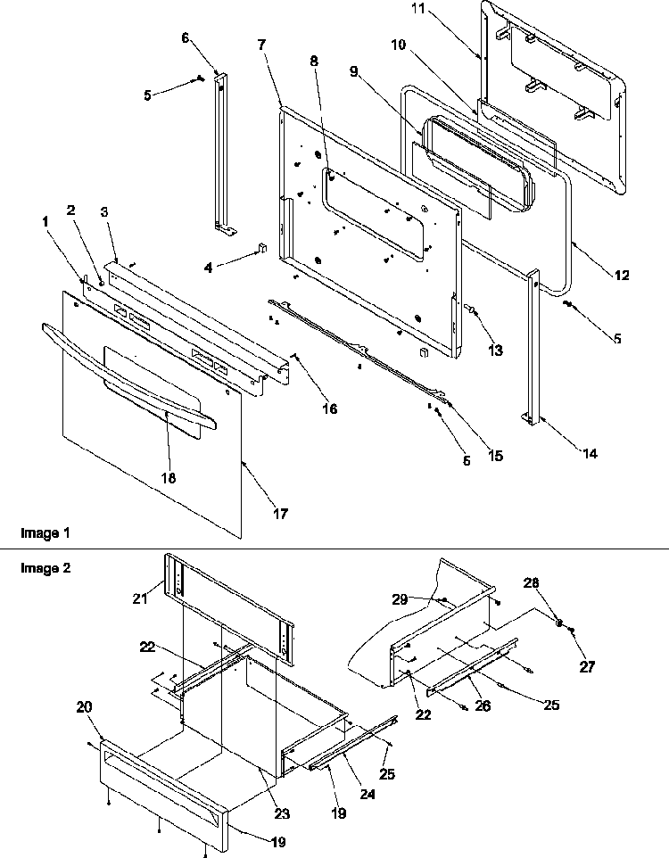 Oven Door And Storage Drawer Diagram and Parts List for ART6110E-P1143449NE  Amana Range