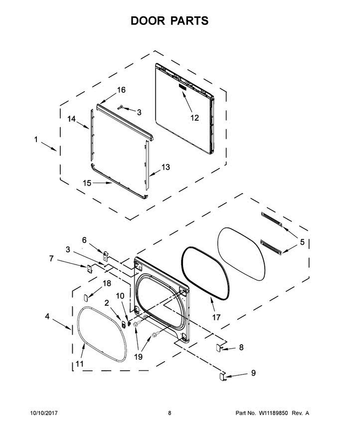 05 - Door Parts Diagram and Parts List for MGDB855DC4  Maytag Dryer