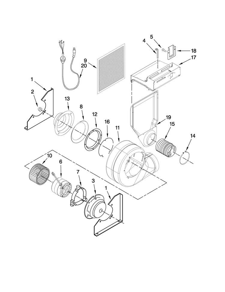 Blower Assembly Parts Diagram and Parts List for JES9860BAS19  Jenn-Air Range