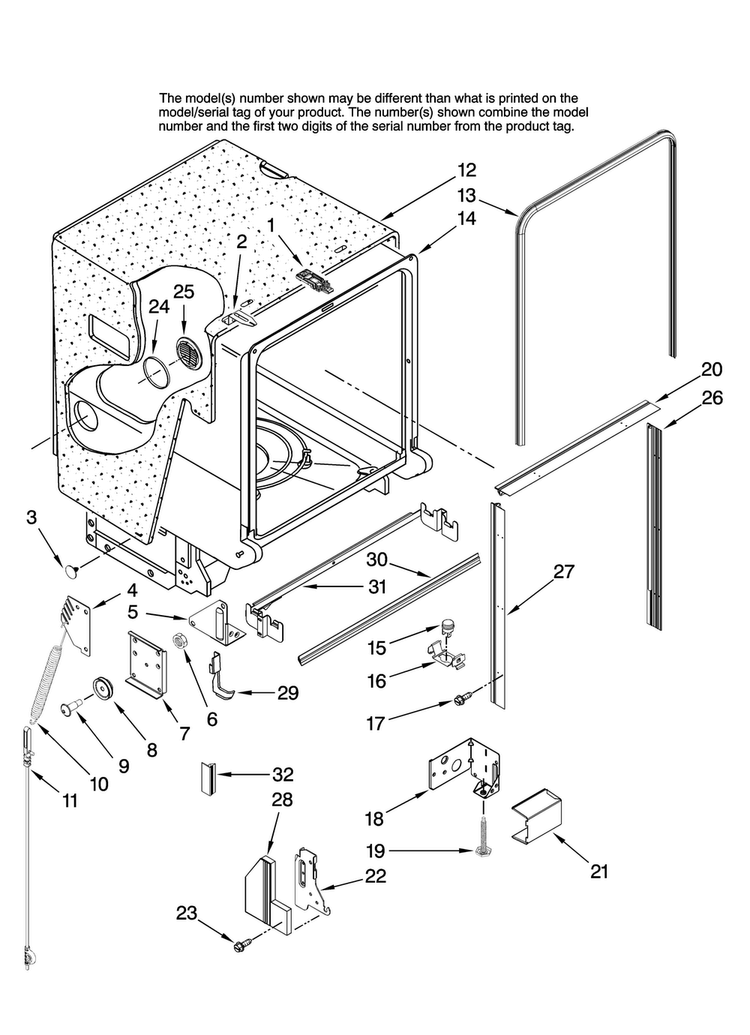 Tub And Frame Parts Diagram and Parts List for JDB1080AWB36  Jenn-Air Dishwasher