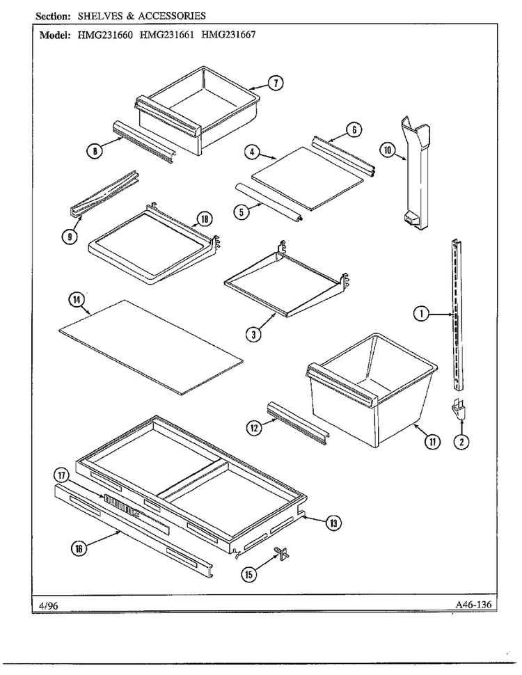Shelves And Accessories Diagram and Parts List for HMG-231667  Admiral Refrigerator