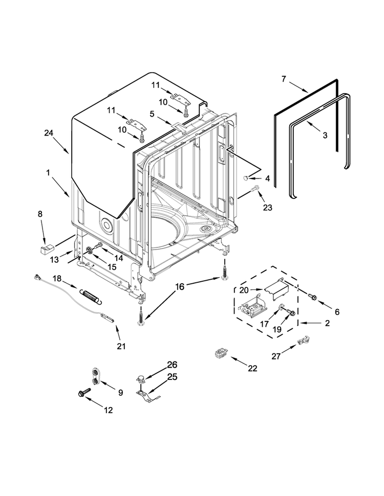 Tub And Frame Parts Diagram and Parts List for JDB9000CWS2  Jenn-Air Dishwasher