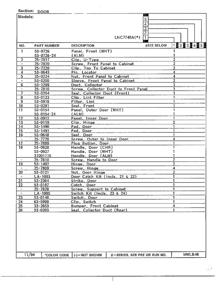 Door Page 2 Diagram and Parts List for 7740A  Norge Dryer