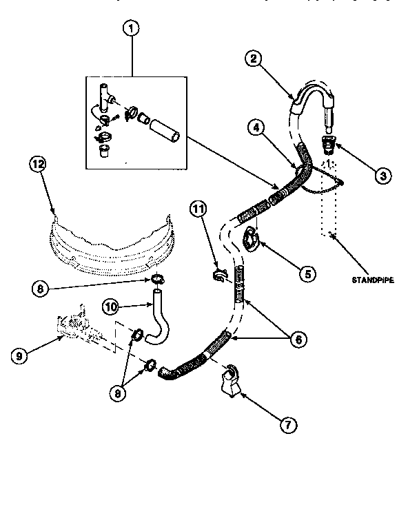Drain Hose And Siphon Break Diagram and Parts List for LWA90W PLWA90AW Amana Washer