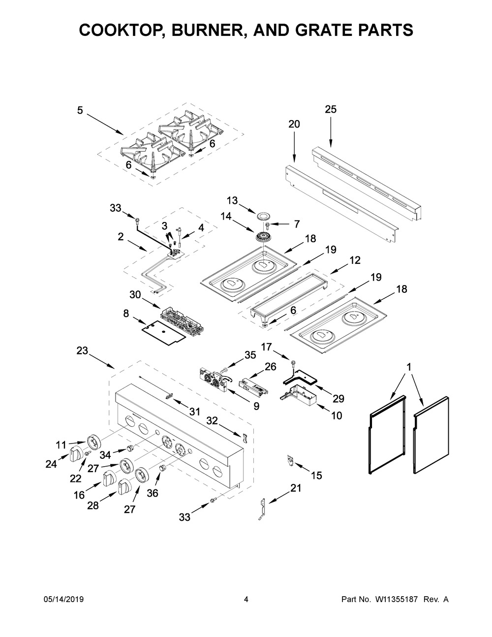 Cooktop, Burner, And Grate Parts Diagram and Parts List for JGRP430HL00  Maytag Range