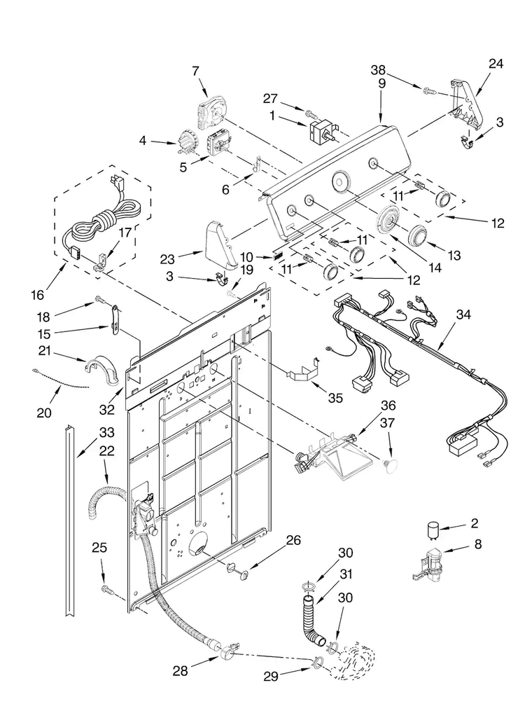 Controls And Rear Panel Parts Diagram and Parts List for MVWC400VW1  Maytag Washer