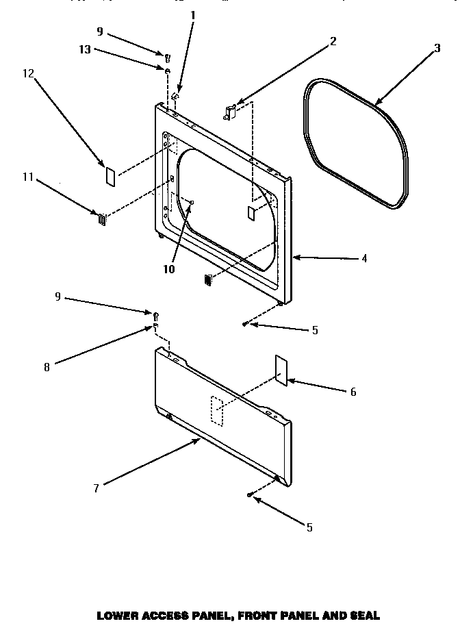 Lower Access Panel, Front Panel & Seal Diagram and Parts List for LG4509W P1163612WW Amana Dryer