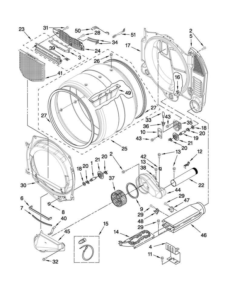 Bulkhead Parts Diagram and Parts List for NED7300WW0  Amana Dryer