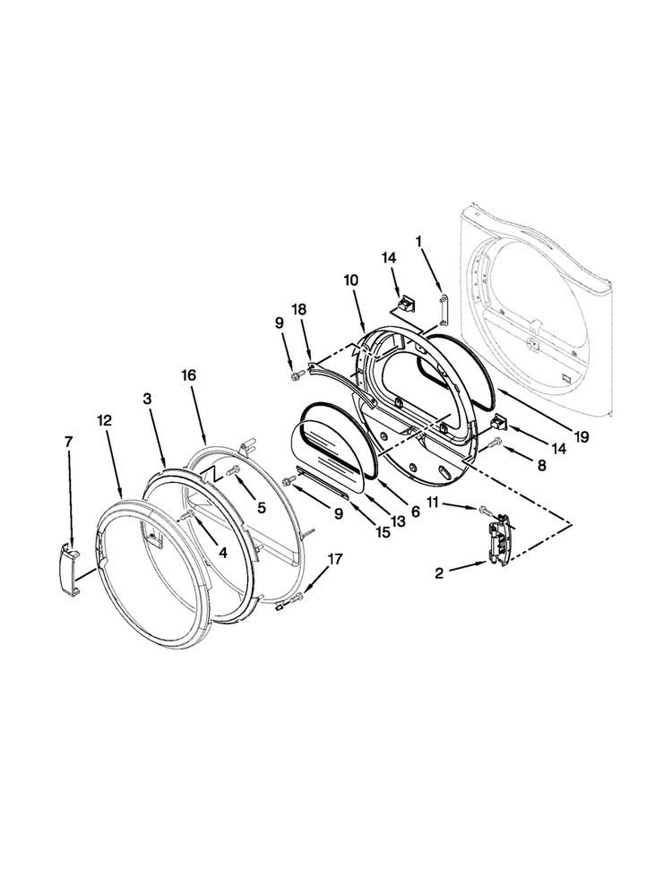 Door Parts Diagram and Parts List for MDE25PRAYW1  Maytag Dryer