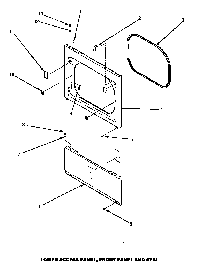 Lower Access Panel, Front Panel & Seal Diagram and Parts List for CE4307W P1163513WW Amana Dryer