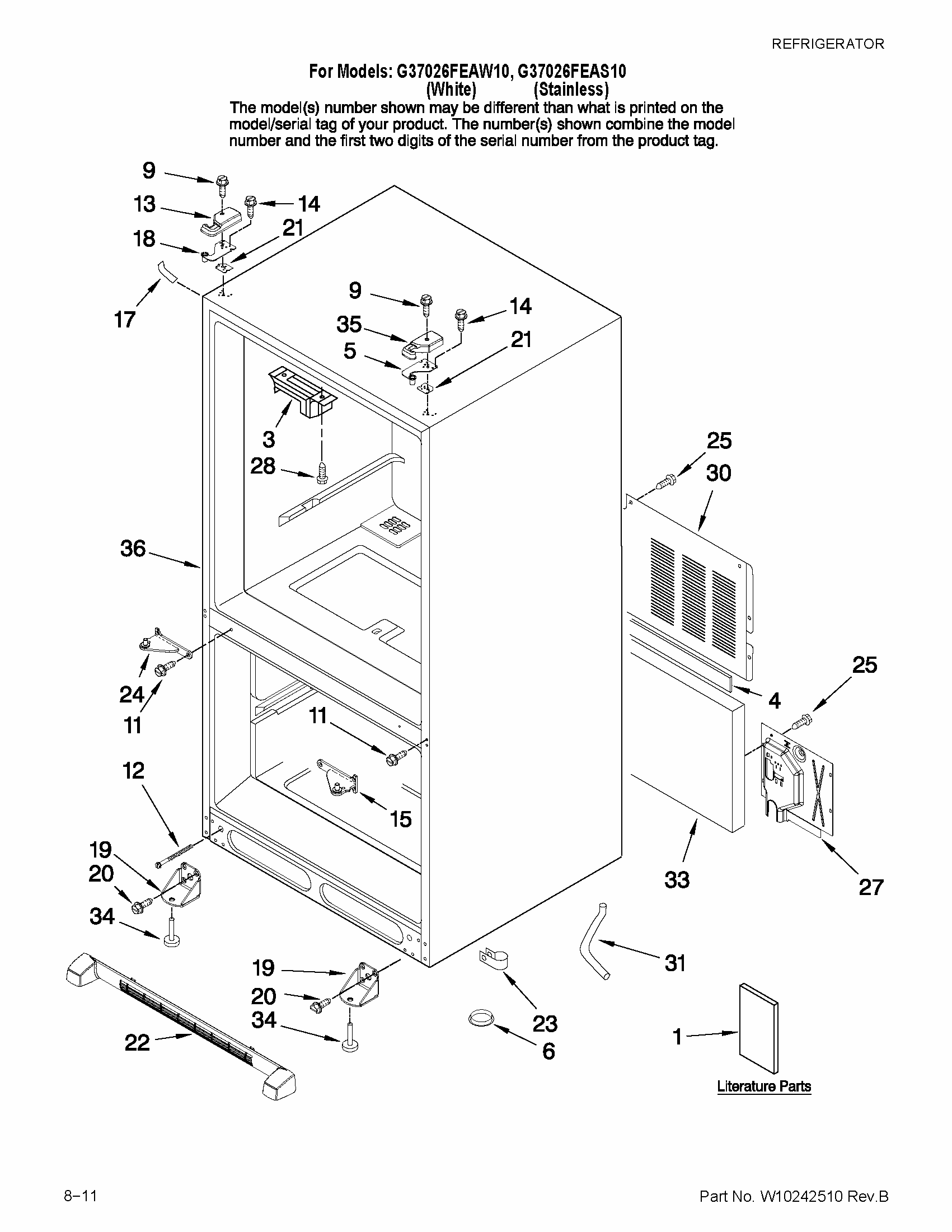 Cabinet Parts Diagram and Parts List for G37026FEAW10  Maytag Refrigerator
