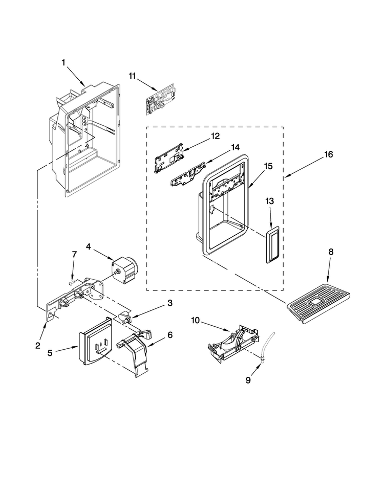 Dispenser Front Parts Diagram and Parts List for MSD2574VEM00  Maytag Refrigerator