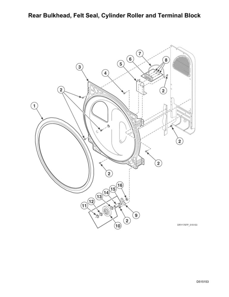 Rear Bulkhead/Felt Seal/Cylinder Roller/Terminal Block Diagram and Parts List for ADEE8RGS173TW01  Speed Queen Dryer