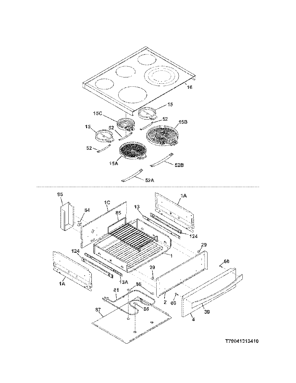 Top/Drawer Diagram and Parts List for 79041313412  Kenmore Range