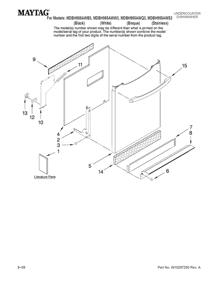 Door And Panel Parts Diagram and Parts List for MDBH955AWS3  Maytag Dishwasher