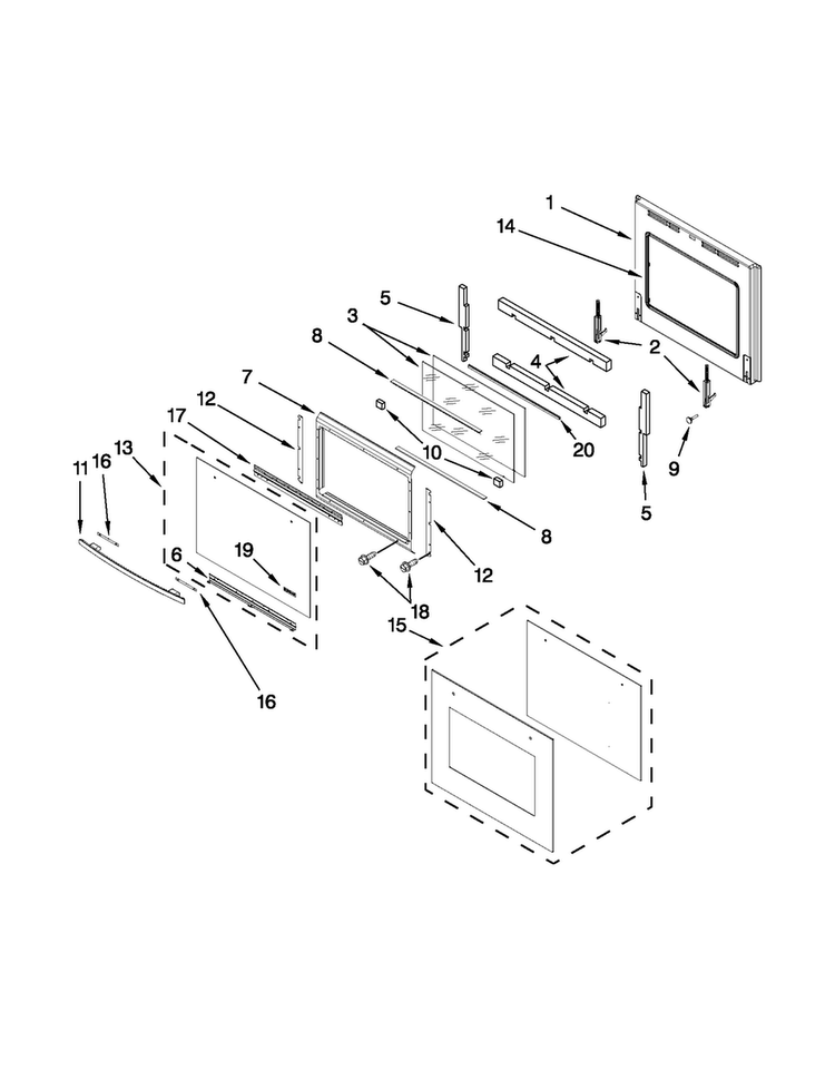 Lower Oven Door Diagram and Parts List for JJW2830WP02  Jenn-Air Wall Oven