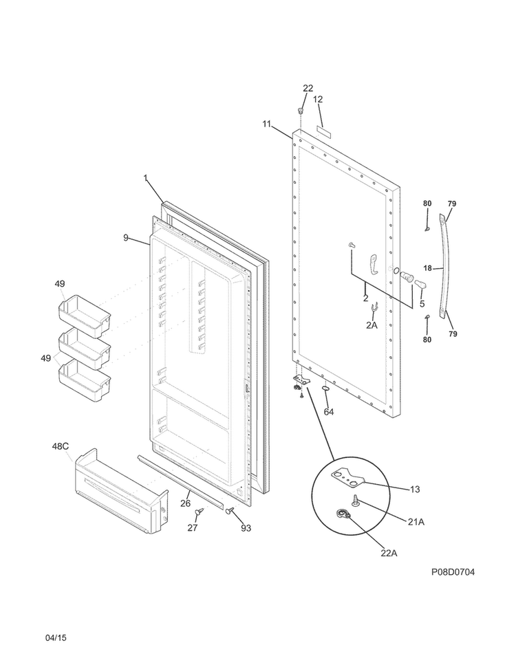 Door Diagram and Parts List for CFUFH17QWA  Crosley Freezer