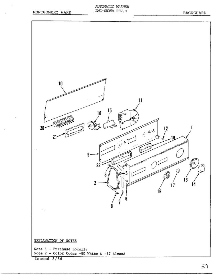 Backguard Diagram and Parts List for 6835A REV E Norge Washer