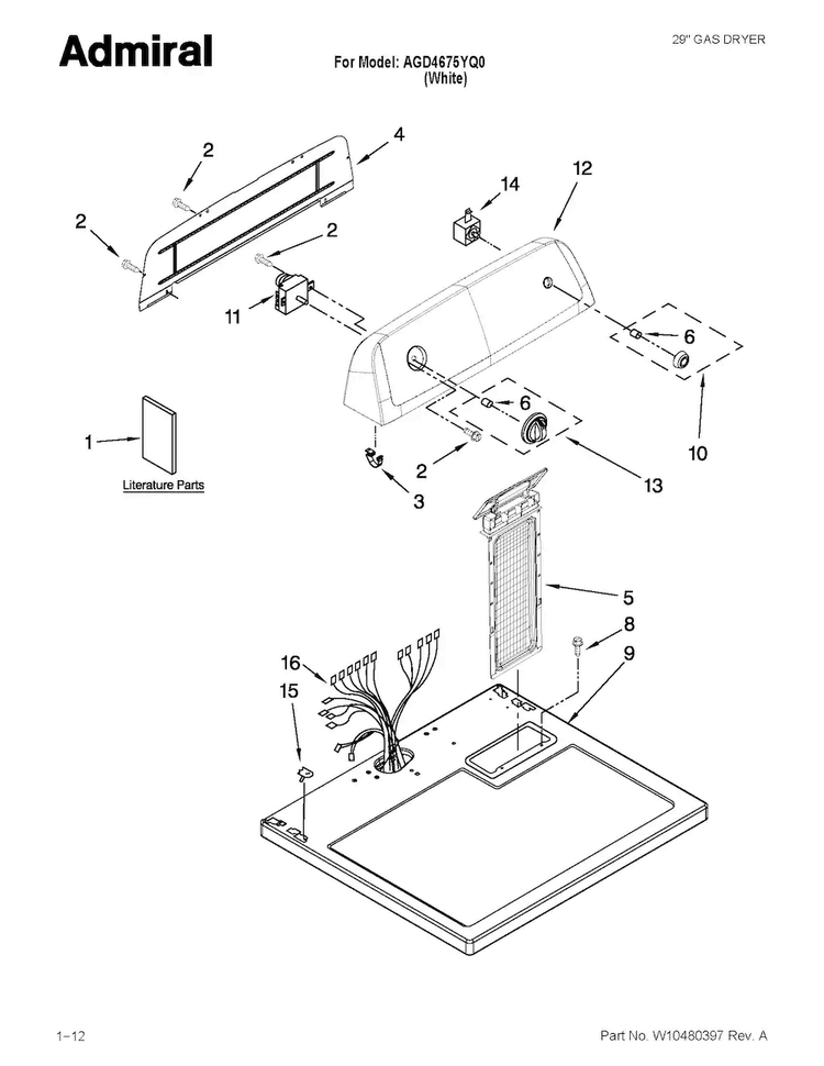 Top And Console Parts Diagram and Parts List for AGD4675YQ0  Admiral Dryer