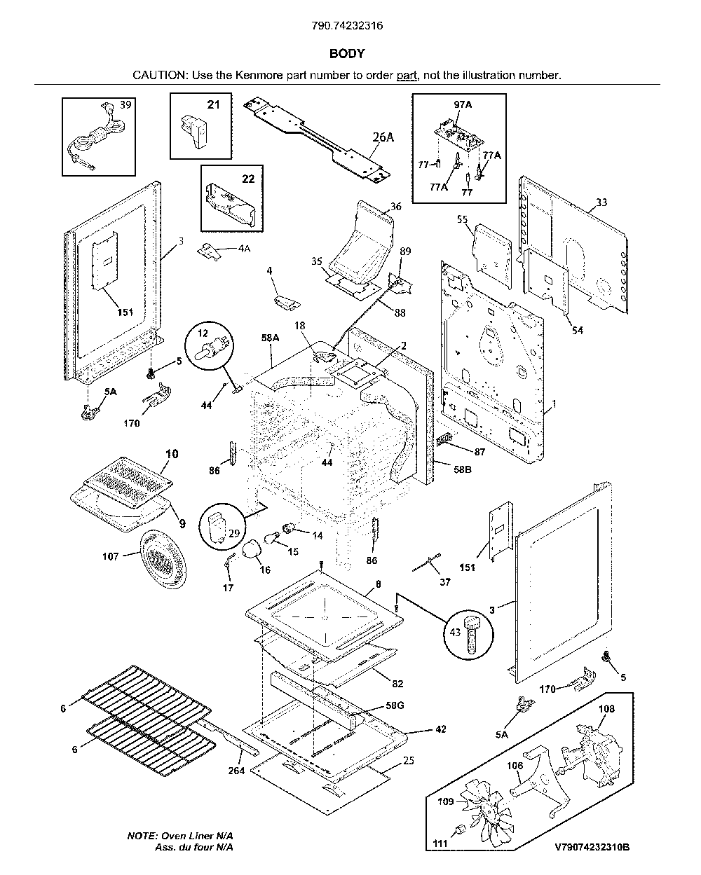 Body Diagram and Parts List for 79074232316  Kenmore Range