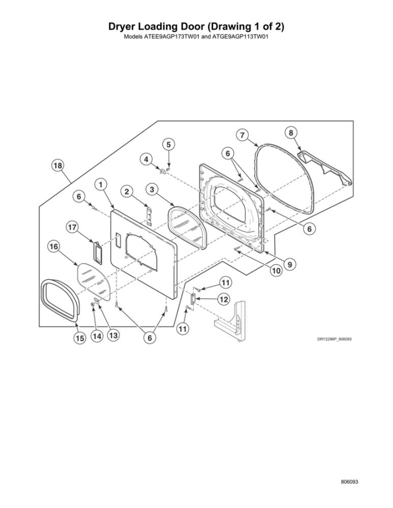 Dryer Loading Door 1 Diagram and Parts List for ATGE9ASP115TW01  Speed Queen Washer Dryer Combo