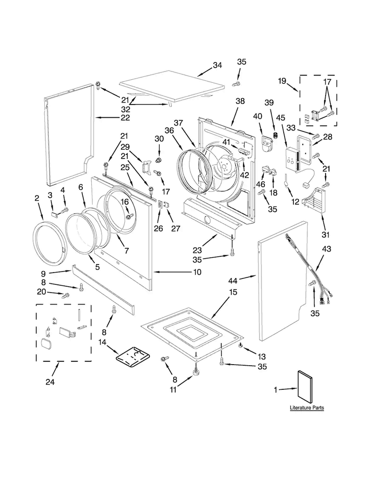 Cabinet And Door Parts Diagram and Parts List for MED7500YW2  Maytag Dryer