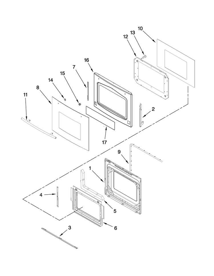 Lower Oven Door Parts Diagram and Parts List for JJW9830DDR17  Jenn-Air Wall Oven