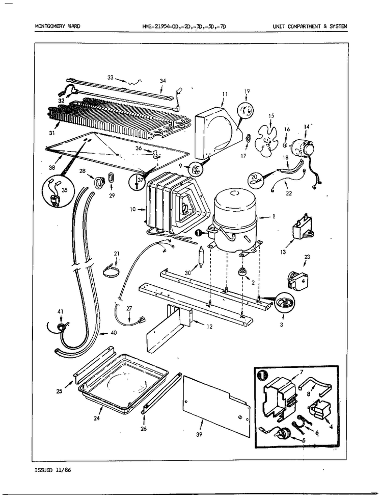 Unit Compartment And System Diagram and Parts List for 21954A  Admiral Refrigerator