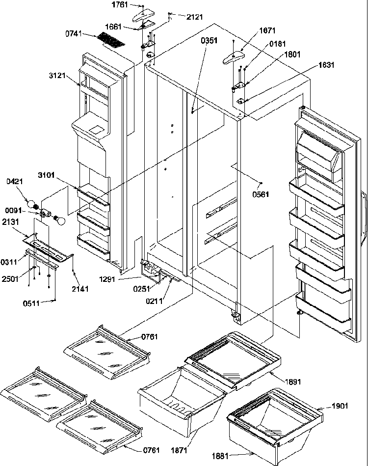 Refrigerator/freezer Shelves, Lights, And Hinges Diagram and Parts List for SCD22TBL-P1303515WL  Amana Refrigerator