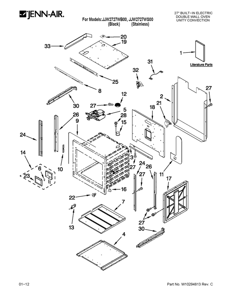 Upper Oven Parts Diagram and Parts List for JJW2727WS00  Jenn-Air Wall Oven