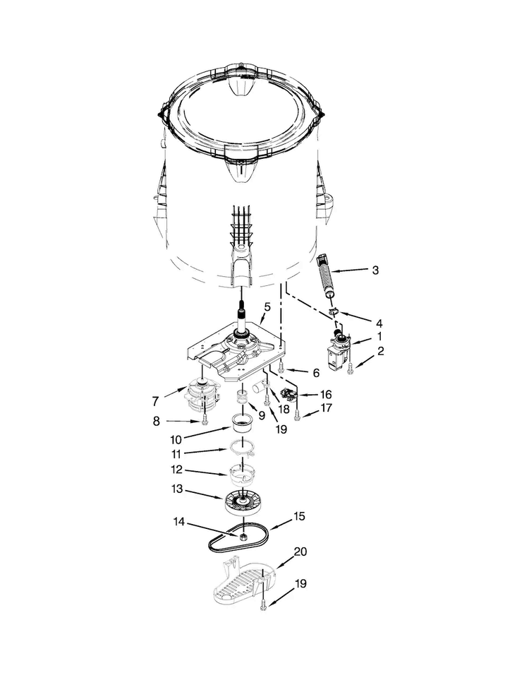 Gearcase, Motor And Pump Parts Diagram and Parts List for 4KMVWC100BQ0  Maytag Washer