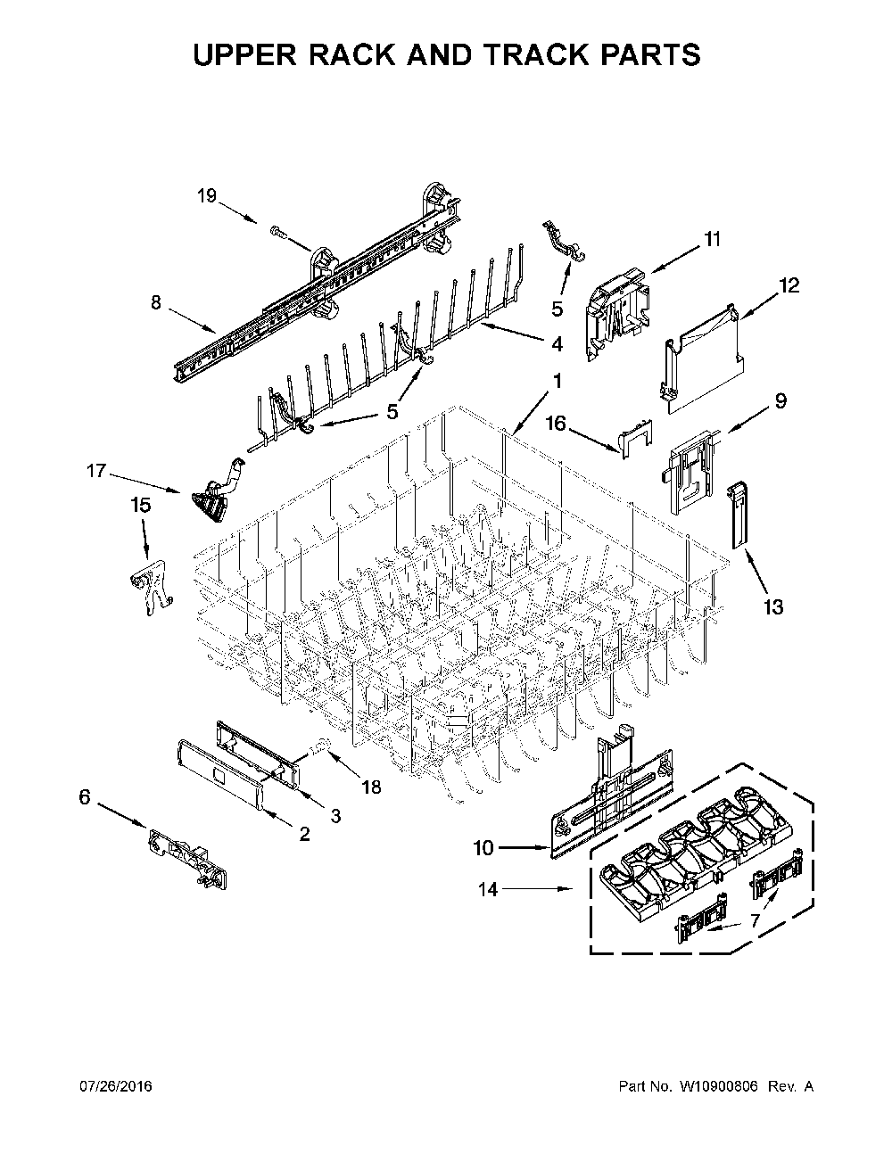 Upper Rack And Track Parts Diagram and Parts List for 66514819N611  Kenmore Dishwasher