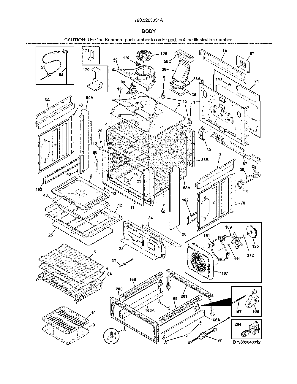 Body Diagram and Parts List for 7903263331A  Kenmore Range