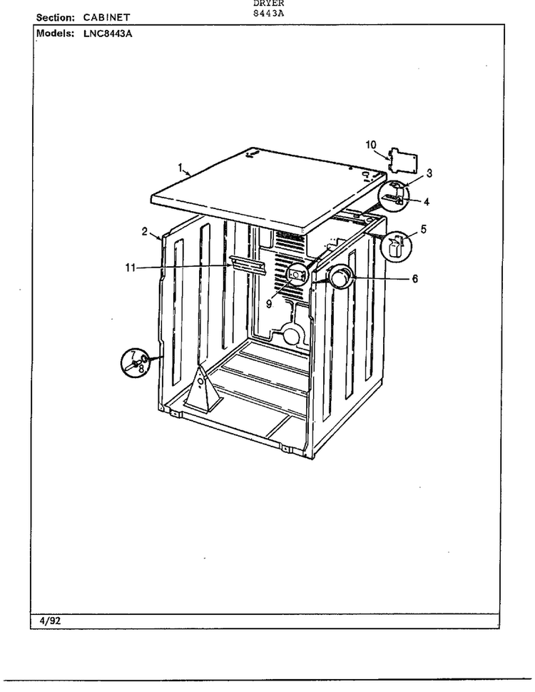 Cabinet Diagram and Parts List for 8443A  Norge Dryer