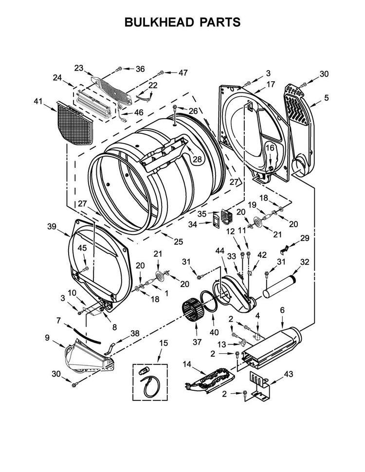 Bulkhead Parts Diagram and Parts List for 4KMEDX505BW1  Maytag Dryer