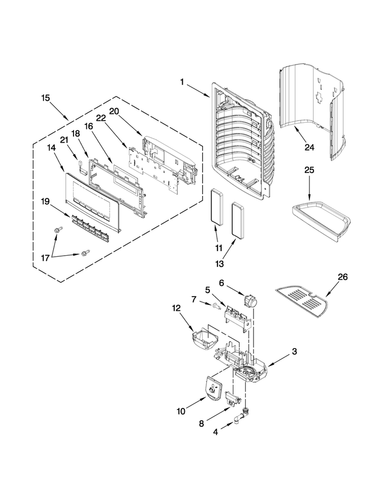 Dispenser Front Parts Diagram and Parts List for MSD2559XEB00  Maytag Refrigerator