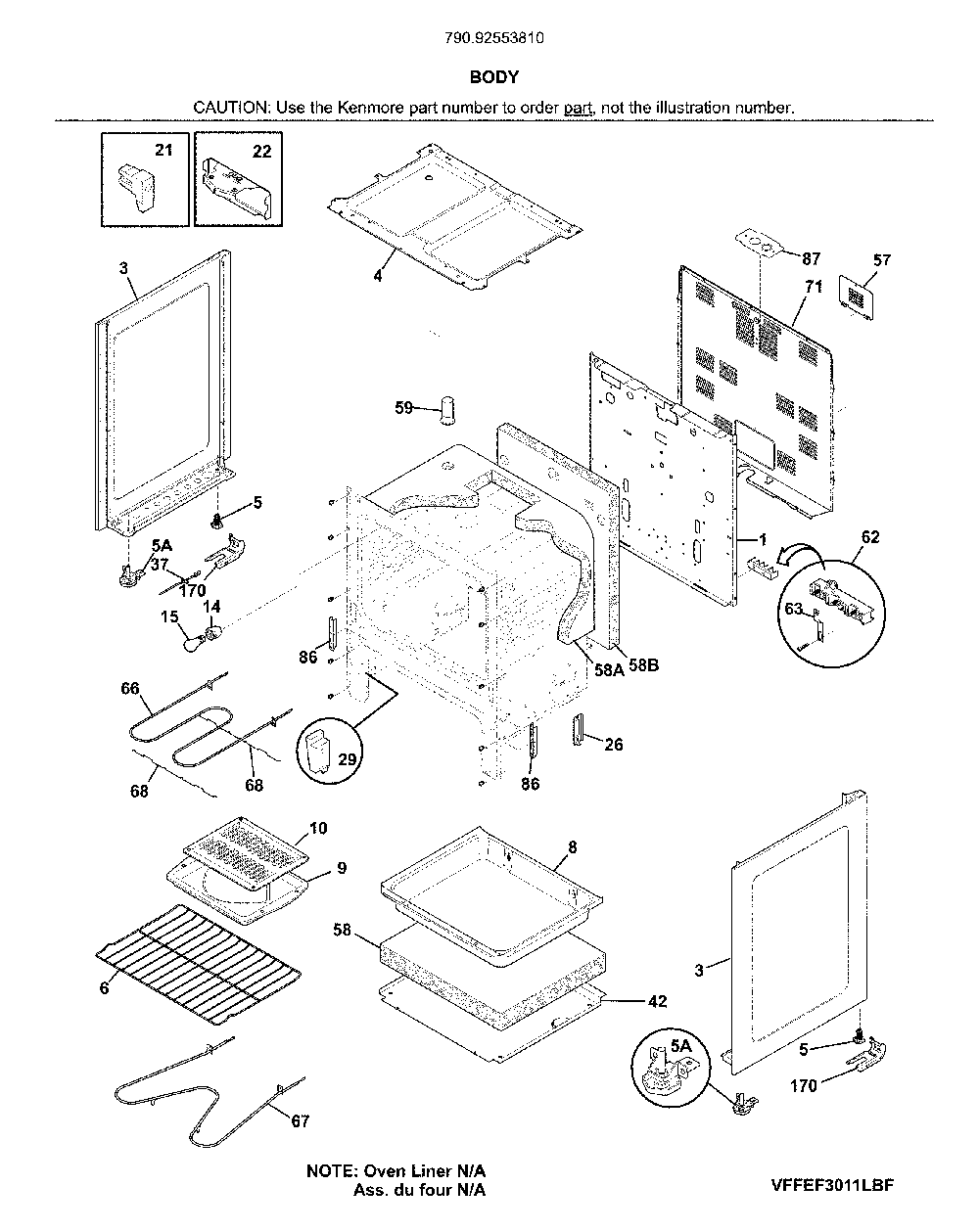 Body Diagram and Parts List for 79092553810  Kenmore Range