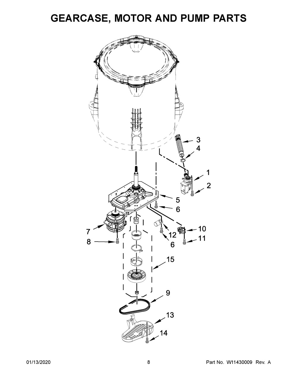 Gearcase, Motor And Pump Parts Diagram and Parts List for MVWP576KW0  Maytag Washer