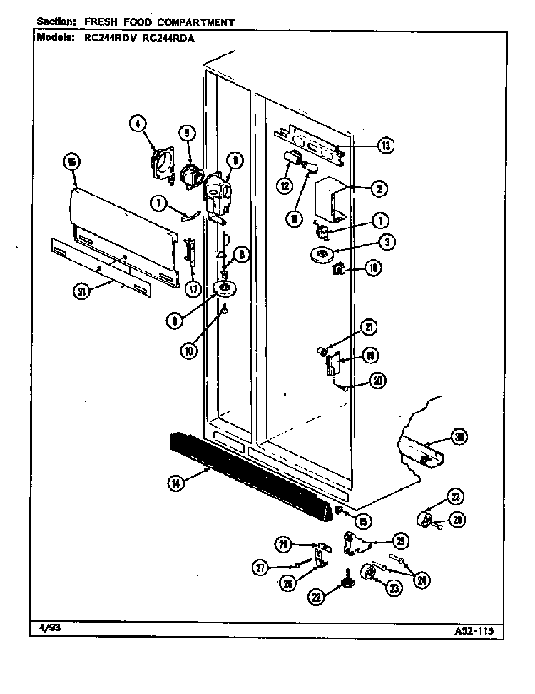 Fresh Food Compartment Diagram and Parts List for RC244RDA DS83B Magic Chef Refrigerator