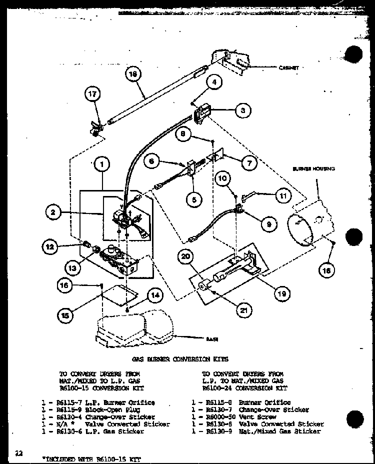 Gas Burner Conversion Kits Diagram and Parts List for TGA800 P75752-6W Amana Dryer