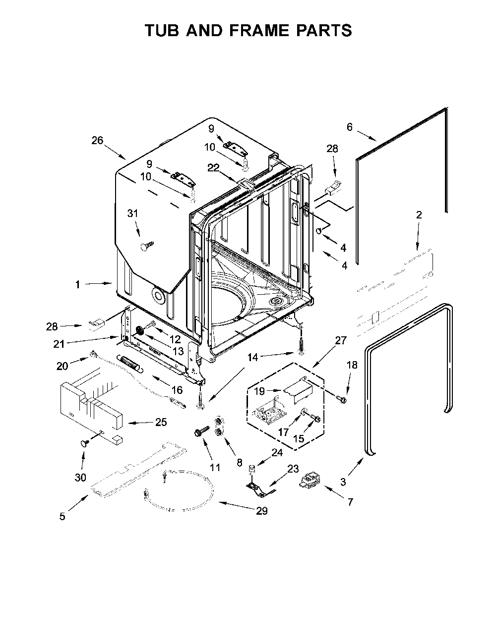 Tub And Frame Parts Diagram and Parts List for 66514813N612  Kenmore Dishwasher