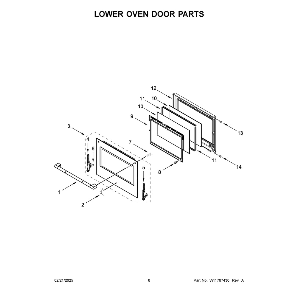 Lower Oven Door Parts Diagram and Parts List for JOEDC330RL00  Jenn-Air Wall Oven