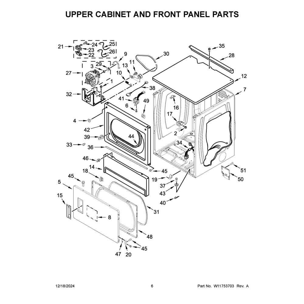 Upper Cabinet And Front Panel Parts Diagram and Parts List for MLE26PRFZW0  Maytag Dryer
