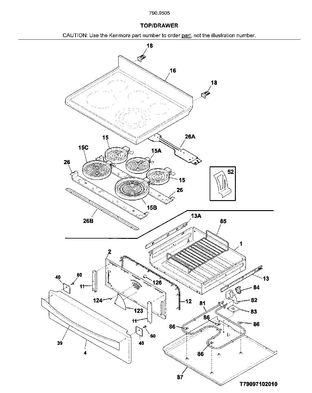 Top/Drawer Diagram and Parts List for 79095059315  Kenmore Range