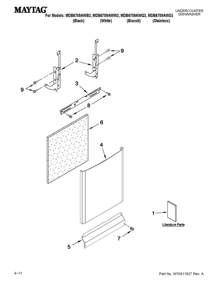 Door And Panel Parts Diagram and Parts List for MDB6709AWW3  Maytag Dishwasher
