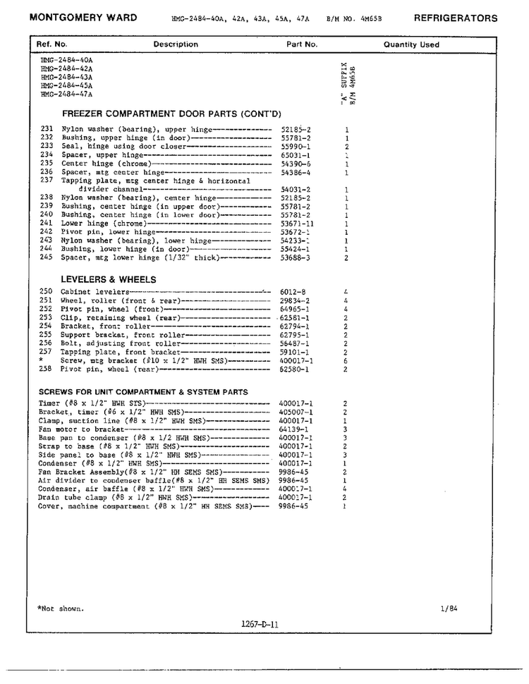 Freezer Dr/wheels/leveler/screws Page 3 Diagram and Parts List for 2484-42A  Admiral Refrigerator