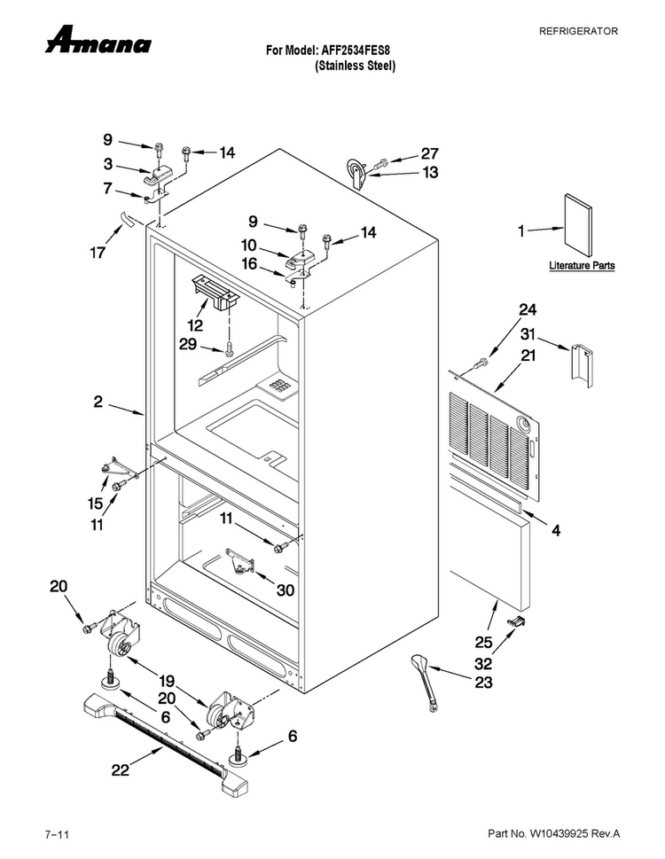 Cabinet Parts Diagram and Parts List for AFF2534FES8  Amana Refrigerator