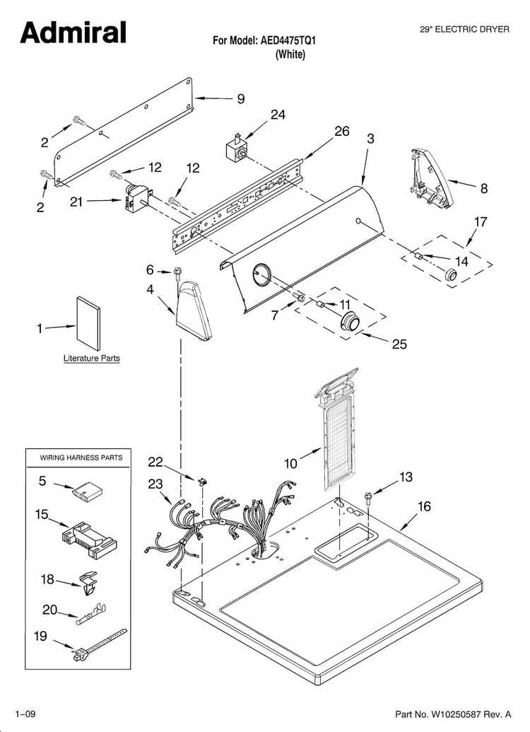 Top And Console Parts Diagram and Parts List for AED4475TQ1  Admiral Dryer